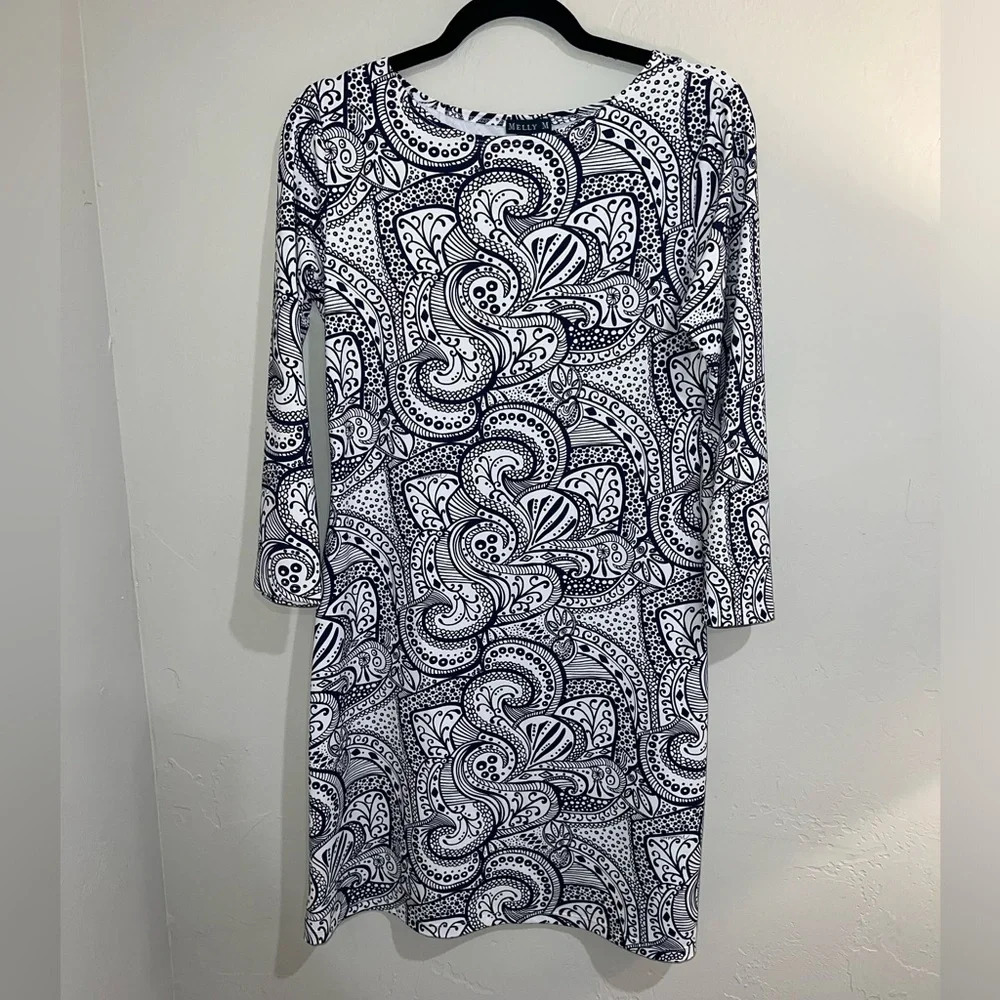 Melly M Womens Blue/White Boatneck Cayman Shift Dress 3/4 Sleeve Size Small